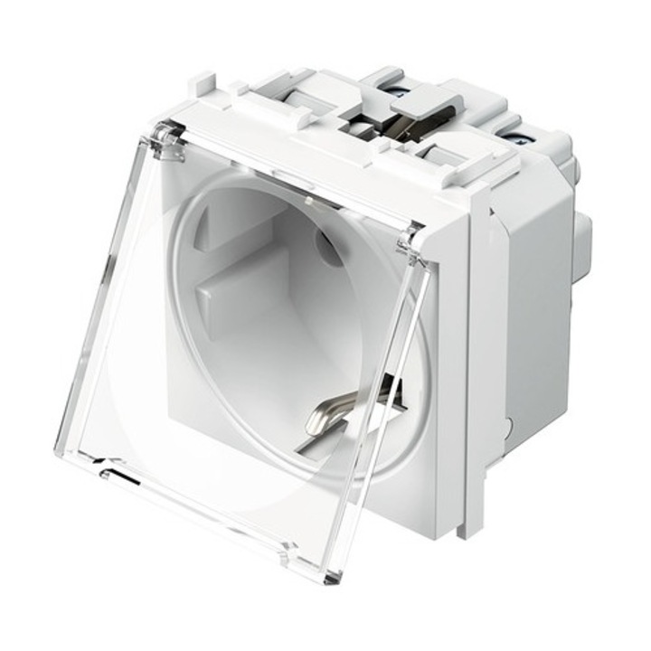 Priza simpla cu impamantare, 2 prize, alb, capac de protectie transparent