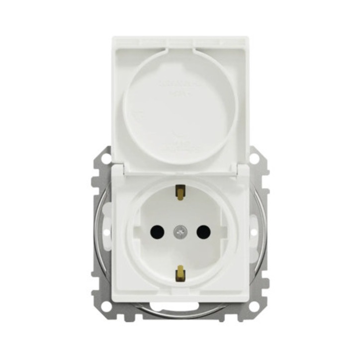 Priza Schneider Sedna 2P+E, capac de protecție IP44, alb, montare sub tencuială