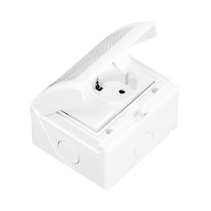 Priză simplă cu împământare IP55, alb, montaj aplicat, 70x84x63mm