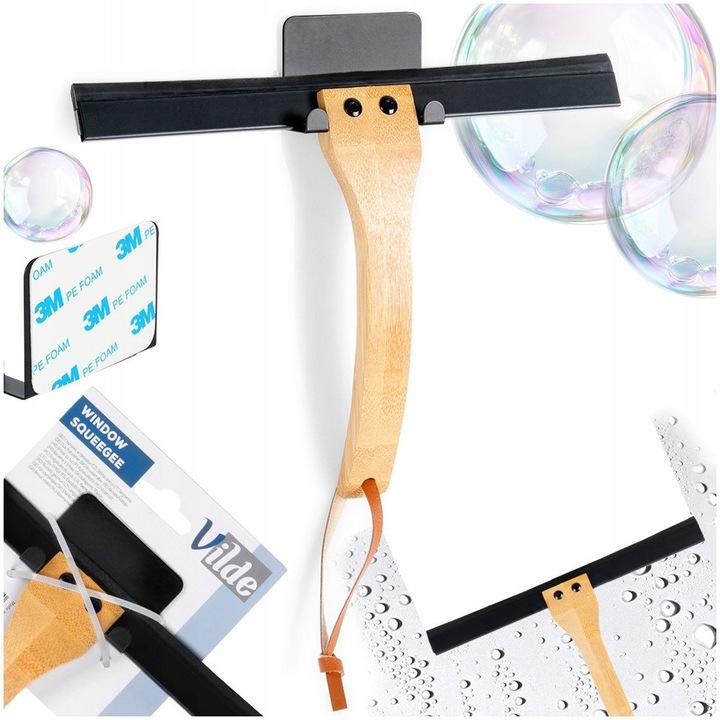 Racleta Pentru Geamuri Cu Maner, Vilde, Fabricata Din Metal Si Bambus, Lama Din Cauciuc, Suport De Perete Cu Banda 3M, Utilizare Universala, Materiale De Inalta Calitate, Negru