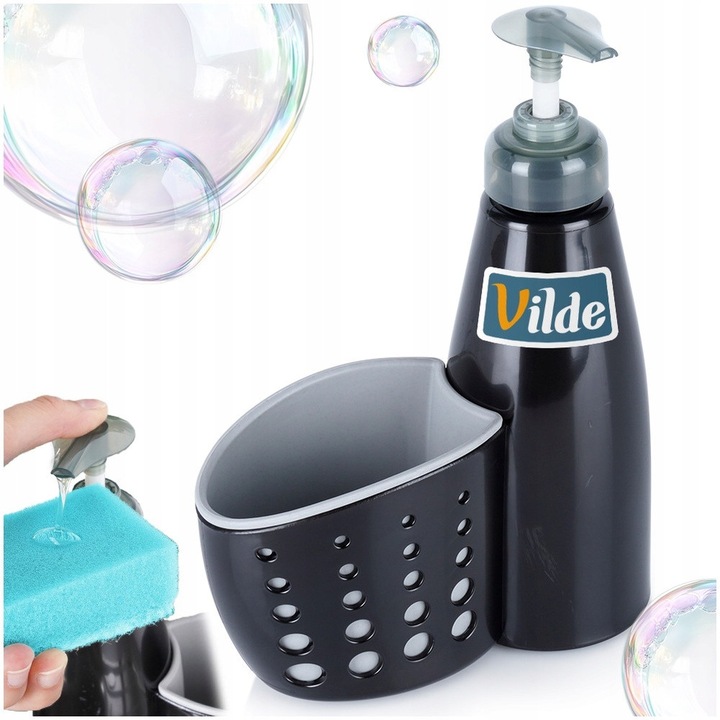 Dispenser De Lichid Pentru Vase Cu Recipient Pentru Burete, Vilde, 370 ml, 15x7x18.5 cm, Sticla, Manual, Rezistent La Apa, Fara Baterii, Materiale De Inalta Calitate, Negru