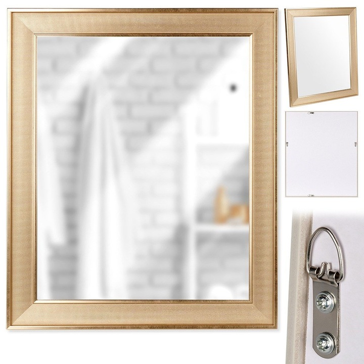 Fali tükör, Vilde, 49.5x59.5 cm, üveg, műanyag keret, téglalap alakú, falra akasztható, kiváló minőségű anyagok, arany