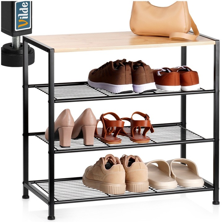 Cipőtartó Állvány, Vilde, 4 Szintes, 12 Pár Cipőhöz, 60x30x57 cm, Fém, Bambusz, Szintek Közötti Távolság 16 cm, Kiváló Minőségű Anyagok, Fekete