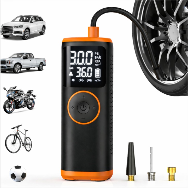 Compresor de Aer Portabil 8-in-1, Pompa Auto Multifunctionala pentru Anvelope Auto, Biciclete, Motociclete si Mingi, cu Afisaj Digital LCD, Presiune 160 PSI, Power Bank 5V/2A si Lanterna LED, Oprire Automata, Manometru Digital cu 5 Moduri si 4 Unitati de