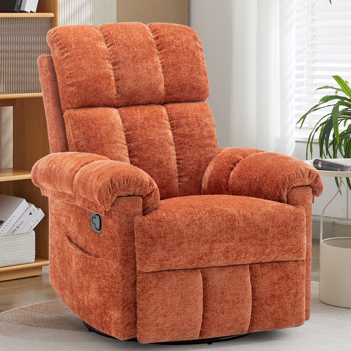 Fotoliu reclinabil Korser, mic, 360° rotativ, leganare usoara 30°, material chenille, 73x89x96cm, portocaliu