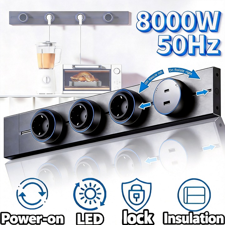 Sistem Priza Mobila pe Sina Modulara, Tressino, 3xPrize 250V 13A + 1xUSB-C/A, 8000W, 32A, Buton ON/OFF, Prize cu montare pe perete, Protectie la supratensiune, Pentru Gaming, Birou, Bucatarie, Living, Priza Modulara cu Sina Aluminiu 60cm, Negru