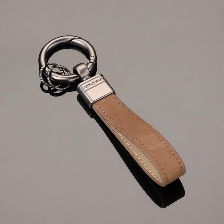 Kulcstartó, férfiaknak vagy nőknek, Omelivon, 2 fém kulcstartóval, 360°-ban forgatható, Elvesztés elleni védelem, Rozsdamentes, Nem fakul könnyen, Ergonomikus kialakítás, Hordozható, Könnyen használható, Barna, 12 cm x 3,6 cm, Cinkötvözet