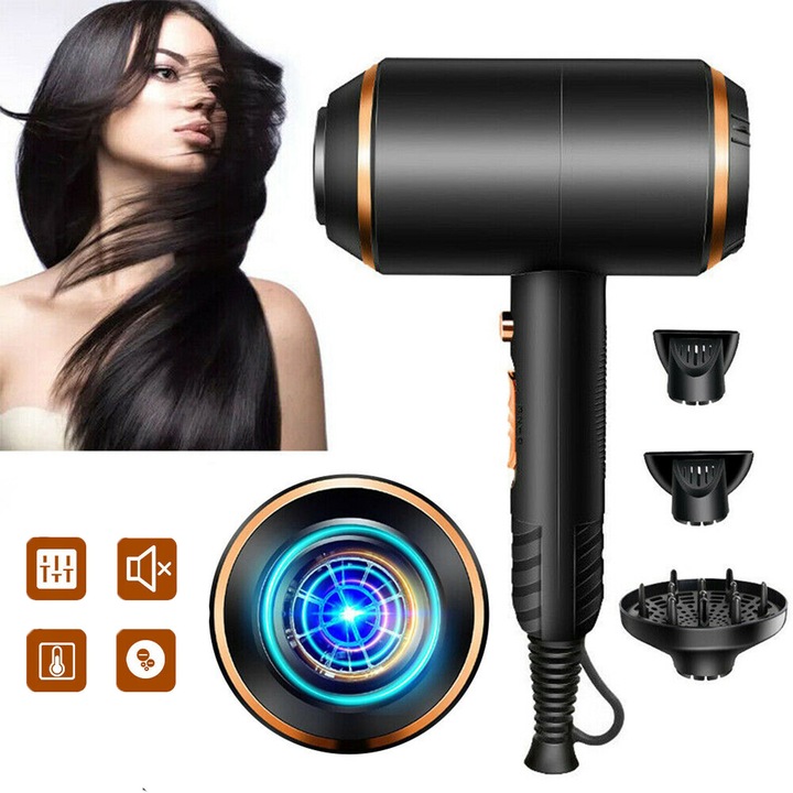 Сешоар, Bedee, 3 настройки на скоростта, регулируеми температури, с технология с отрицателни йони, защита и блясък, комплект от 3 аксесоара, елегантен и ергономичен дизайн, 1700W, черен