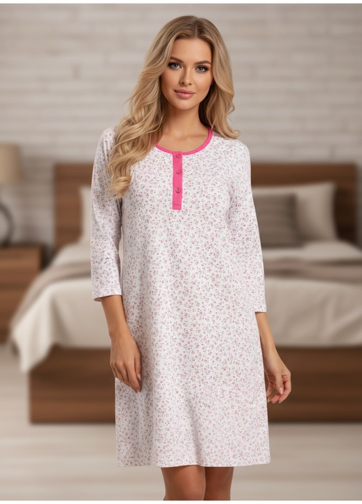 Camasa de noapte dama, alb, bumbac, maneca lunga, cu nasturi, aplicatie floricele, XL INTL