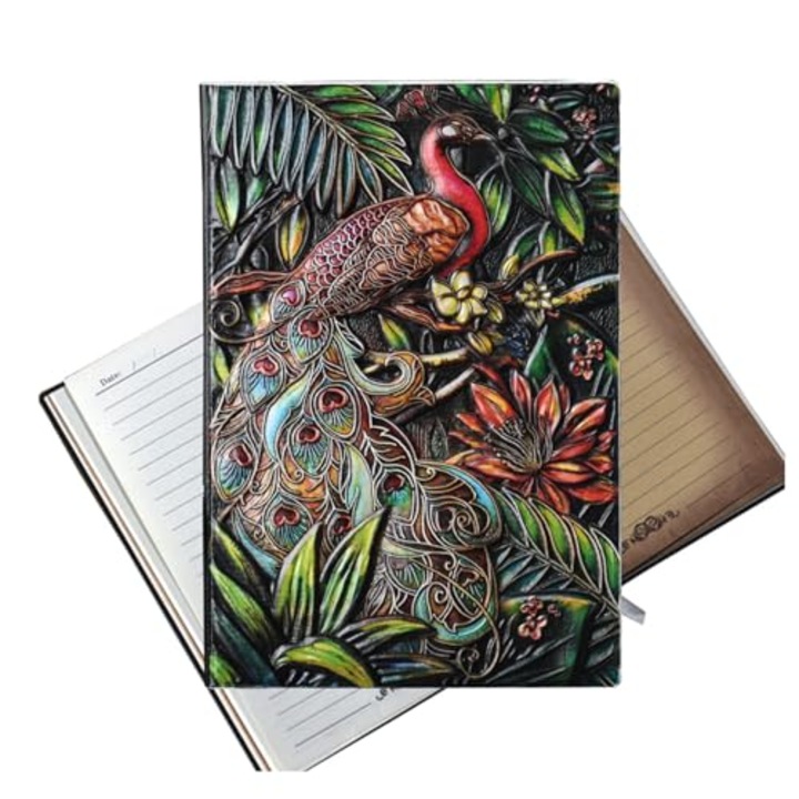 Agenda AjieQaQ, Jurnal Peacock, 200 pagini A5, piele 3D, verde și roșu