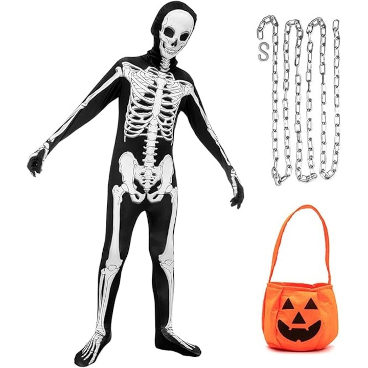Costum Schelet pentru Copii, Angenster, Poliester, Negru/Alb, 110cm