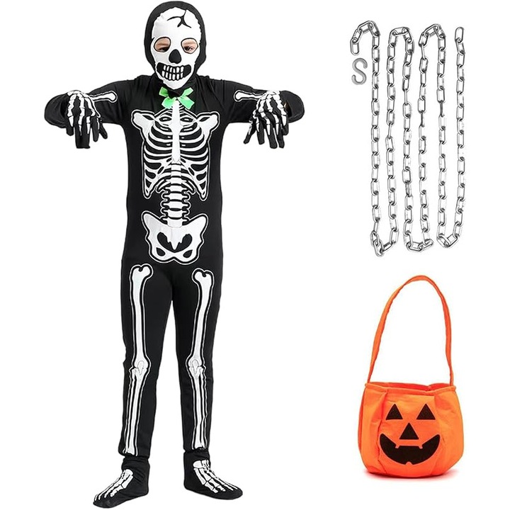 Costum Schelet Angenster, Efect Fosforescent, Negru/Alb, 140 cm