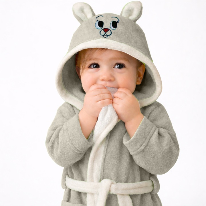 Halat de baie copii cu gluga iepuras, Modis, 100% bumbac, 1–2 ani, Bej