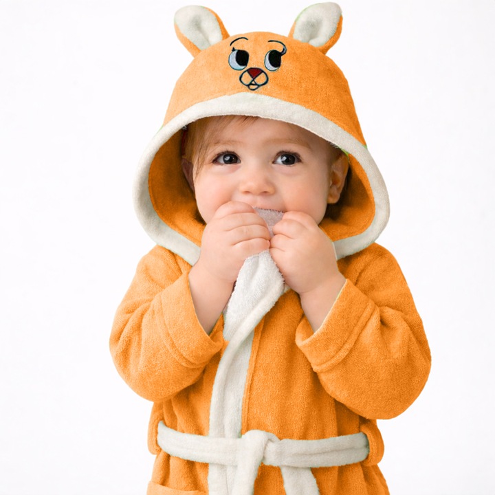 Gyermek fürdőköpeny kapucnival, nyuszi, Modis, 100% pamut, 1-2 év, Narancssárga