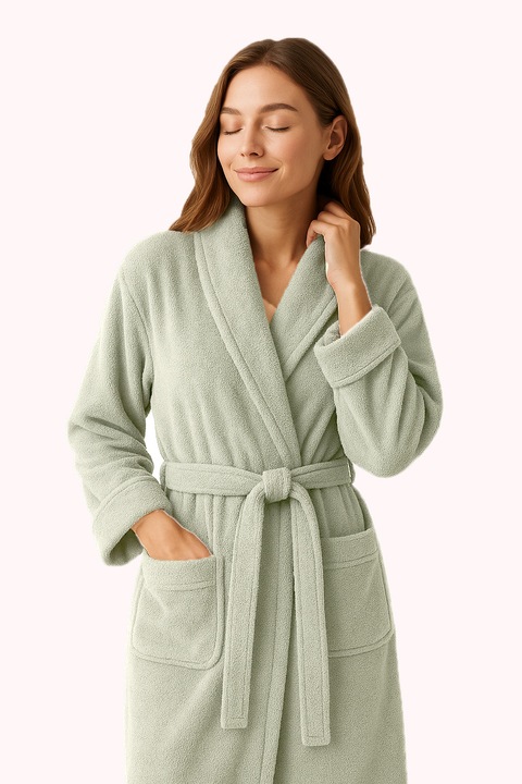 100% pamut fürdőköpeny, Modis@, gallérral, zsebekkel és övvel, puha és meleg, Zöld