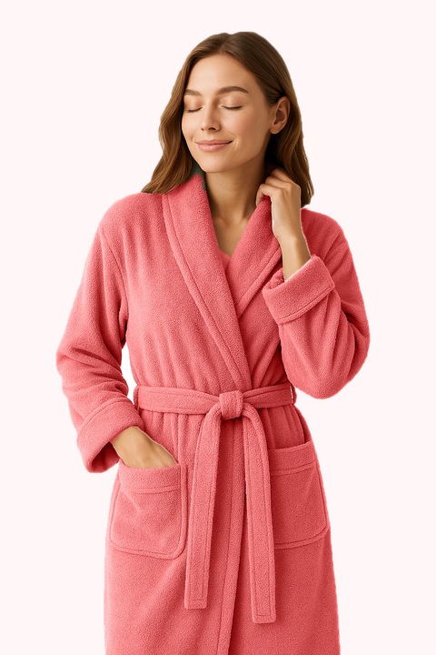 100% pamut fürdőköpeny, Modis@, gallérral, zsebekkel és övvel, puha és meleg, Piros