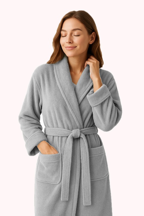 Halat de baie bumbac 100%, Modis@, cu guler, buzunare si cordon, moale si calduros, Gri