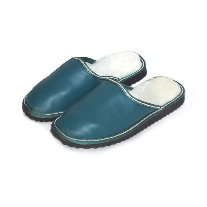 Papuci de casa barbati, Kastoria, piele naturala, verde, 42 EU