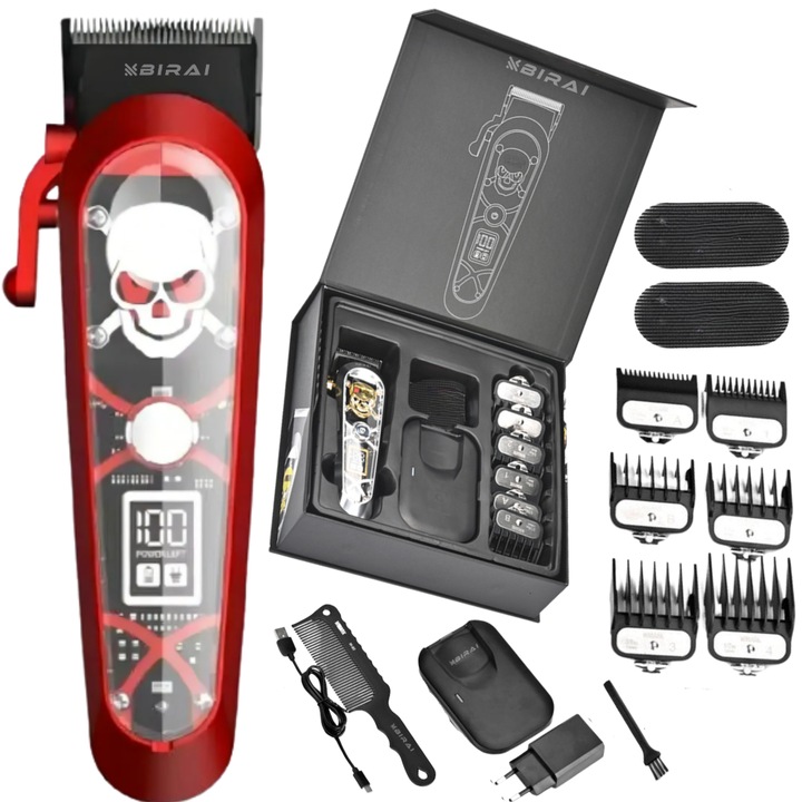 Masina De Tuns Profesionala BIRAI Elite Cu Acumulator, Multifunctionala, Motor Puternic 7000 RPM, Afisaj LED, Incarcare Wireless, Rezistenta La Apa, Lame Detasabile Din Otel & Titan, Pieptene, Perie, Precizie, Ergonomica, Performanta, Rosu