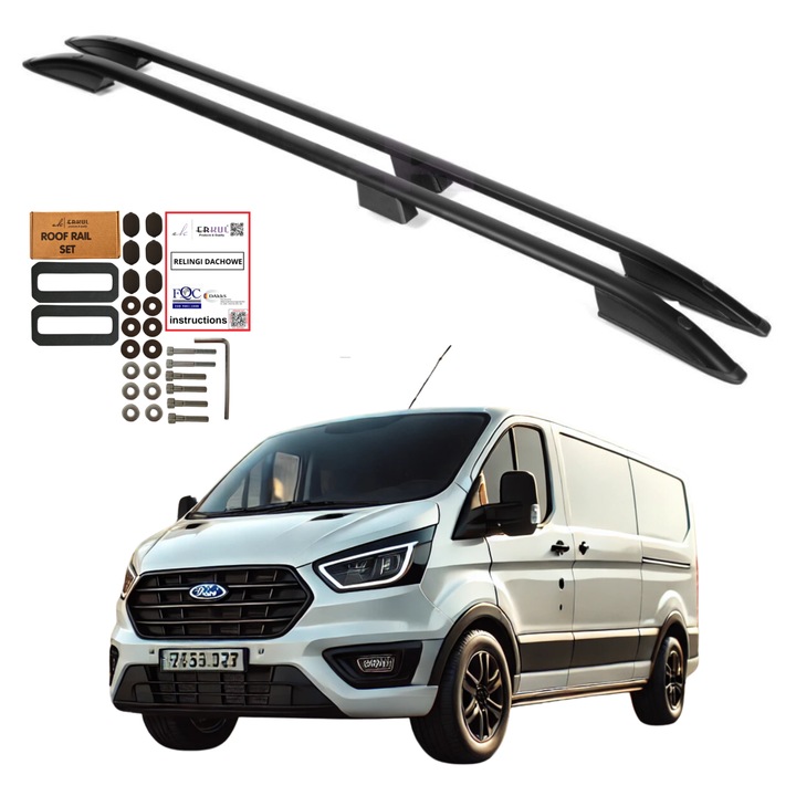 Alumínium tetőcsomagtartó rudak Ford Transit Tourneo Custom Krotki 2012-2023, 75kg teherbírás, fekete szín, komplett szett