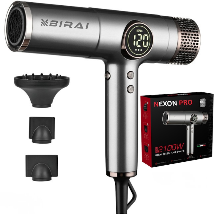 Професионален сешоар Feon BIRAI NEXON PRO, 2100W, безчетков цифров мотор 88 000 RPM, йонен, висока скорост, универсално напрежение 100–240V, 4 температурни степени, 3 скорости, студена струя, LCD дисплей, салонни аксесоари, сребрист