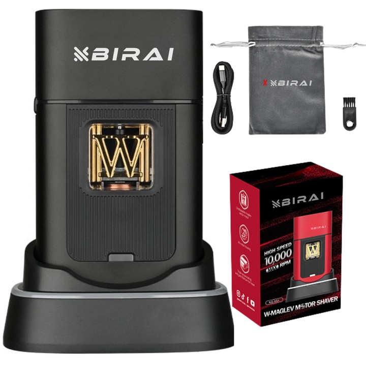 Електрическа самобръсначка BIRAI Maglev Velocity, Мотор 10 000 RPM, Плаващи ножчета, Type-C, Ергономична, Автономност 150 мин, За мокро и сухо ползване, Wet & Dry, IPX7, Стойка, Магнитна глава, Черен