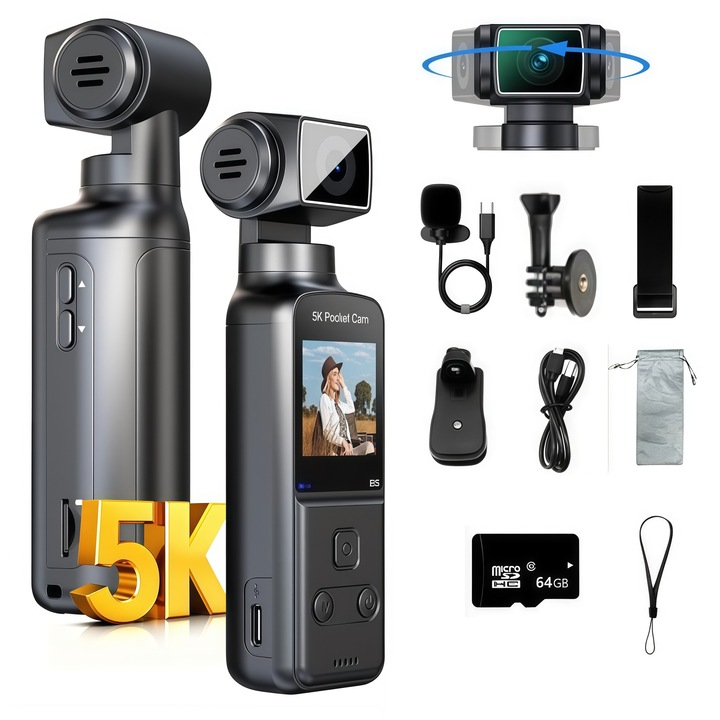 Camera Vlog 5K Ultra HD, AjieQaQ® Body Pocket Cam, Conectivitate Wi-Fi, Rezolutie 5K/15FPS si 4K/60FPS, Lentila Ultra-Wide 270°, Compacta, Stabilizare EIS, Set Complet Accesorii si Carcasa Subacvatica, Ideala pentru Vlogging si Aventuri, Negru