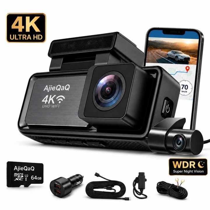 Camera Auto DVR Dash Cam, AjieQaQ®, 4K, Full HD, Vedere Nocturna, GPS, WiFi, Mod Parcare, Camera Marsarier, G-senzor, Unghi 170° fata, 140° spate, Recenzie in Bucla, Design Modern, Card MicroSD 64GB Inclus, Pentru Siguranta Auto, Negru