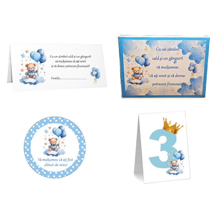 Set Botez Ursulet Papion - 50 plicuri + 1 cutie + 10 numere + 50 etichete