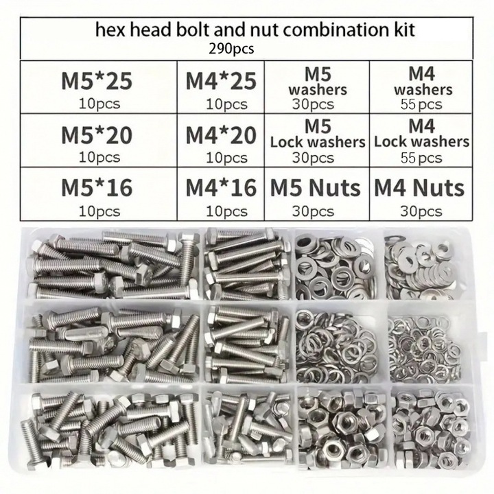 Set 290 de Suruburi, Saibe si Piulite, DANATI, din Otel Inoxidabil, Cutie de depozitare transparenta pentru acces usor, Cu 12 dimensiuni diferite, M4 M5, Argintiu