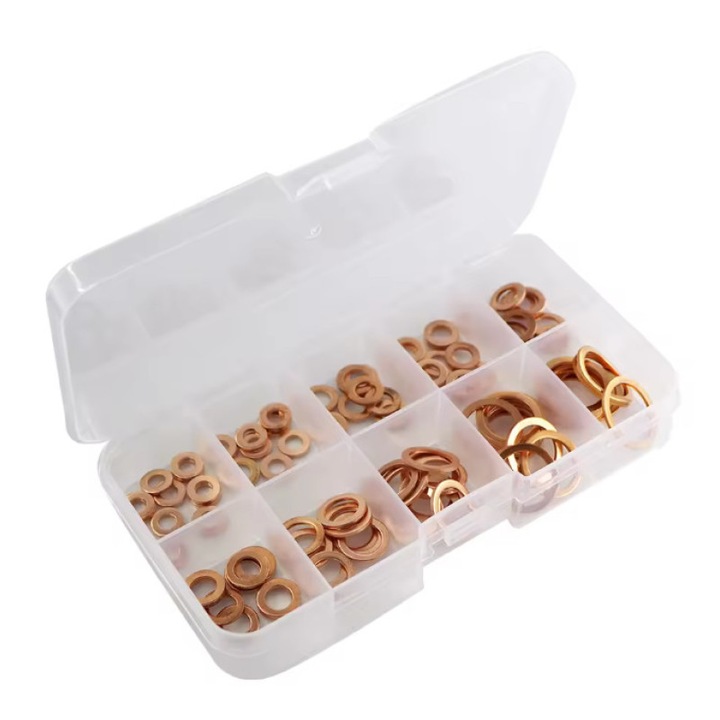 Réz alátét készlet ø4–ø14, 100 db-os, hatékony tömítés