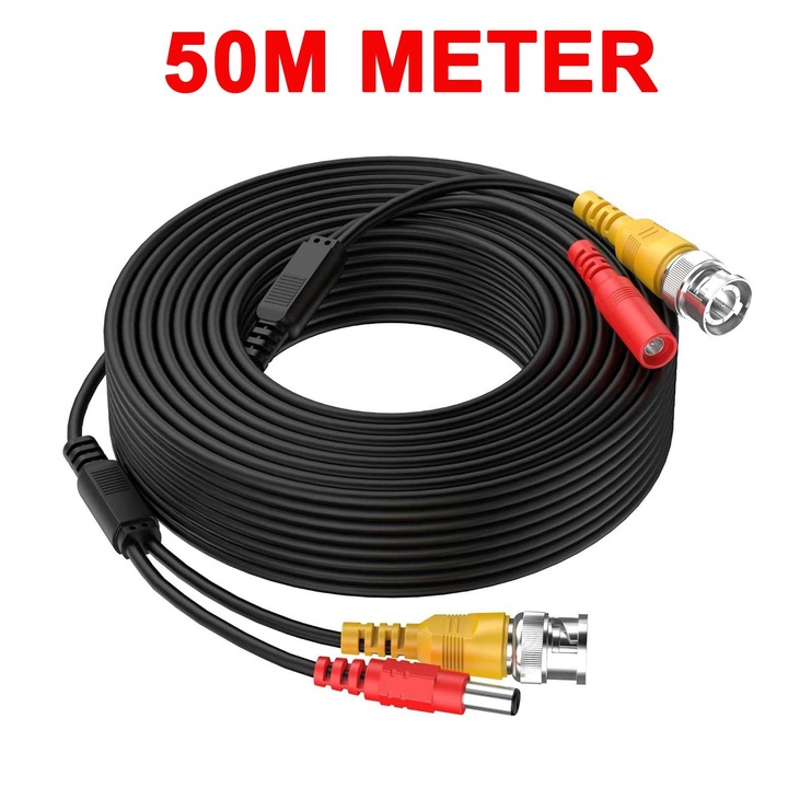 Cablu video si alimentare 2 in 1, Cablu de alimentare DC pentru video BNC‌，Cablu de extensie pentru DVR-ul camerei de securitate CCTV，50m, negru