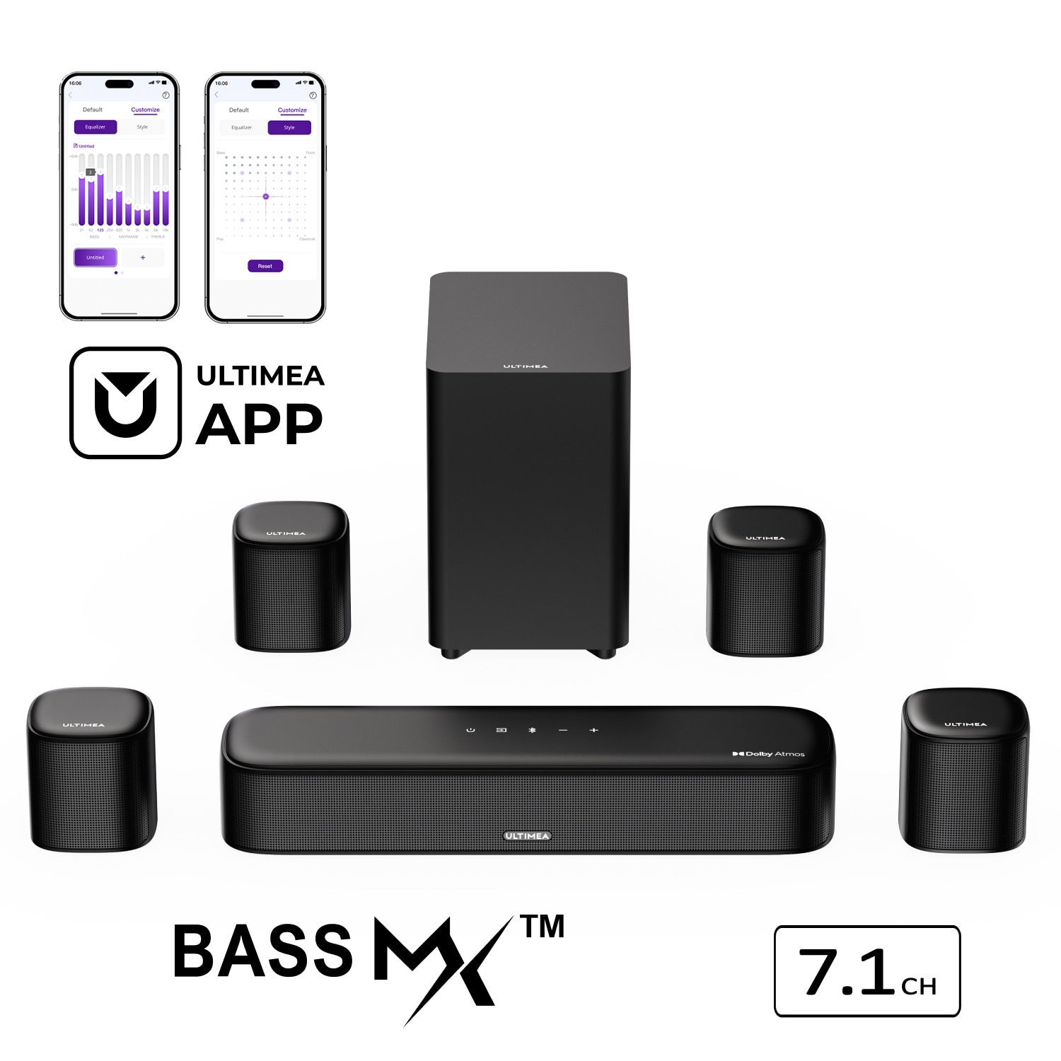 Soundbar Ultimea Aura M4T 7.1, 330 W, Subwoofer cu fir de 5, 25″, conectivitate HDMI, 4 boxe surround, negru