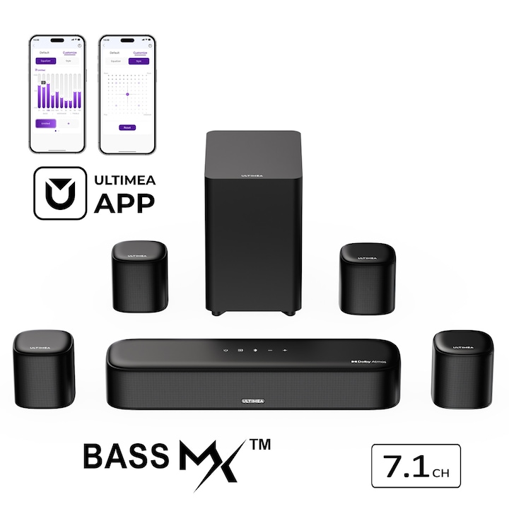Soundbar Ultimea Aura S4T 7.1, 350 W, subwoofer cu fir de 5,25″, HDMI, 4 boxe surround, culoare negru