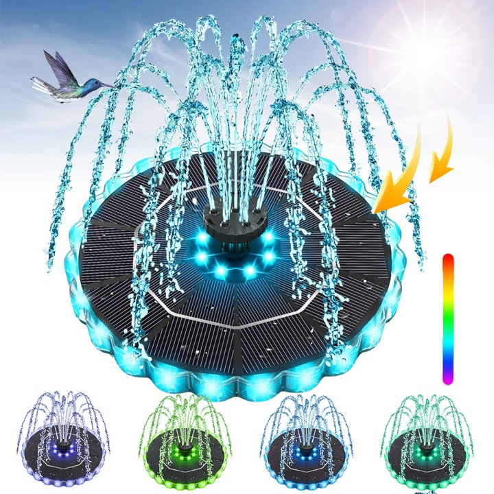 Fantana solara, Bedee, Iluminare LED multicolor, Incarcare Solara, cu baterie de 2000mAh, 7 duze, Decor pentru gradina, Durabila, Pompa de fantana solara pentru baie de pasari, gradina, iaz, piscina, Negru
