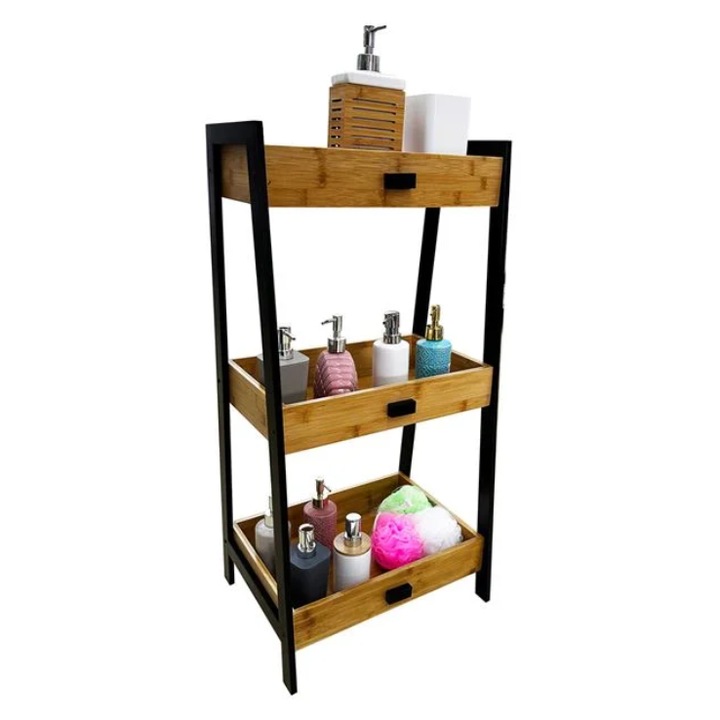 Etajera din Bambus cu 3 Rafturi si Picioare din Lemn 45x35x90cm