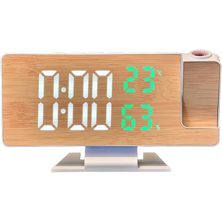 Ceas Digital, Ceas desteptator LED generic din lemn cu afisaj de proiectie, reglare a orei, temperaturii, umiditatii si luminozitatii