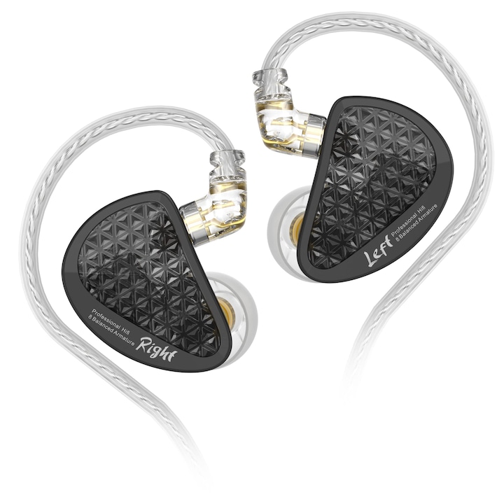 Casti Linsoul KZ AS16 Pro, tip in-ear, 16 drivere, cablu detașabil, negru
