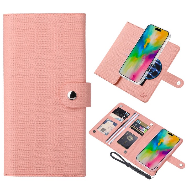 Husa telefon compatibila cu iPhone 16, Compatibila MagSafe, 6 sloturi carduri, Piele PU + TPU transparent, Inchidere magnetica, Antisoc, Decupaje precise, Roz