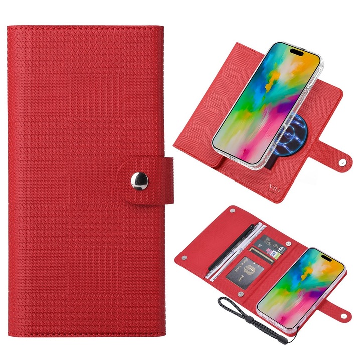 Husa telefon compatibila cu iPhone 16, Compatibila MagSafe, Piele PU + TPU transparent, Inchidere magnetica, Antisoc, Decupaje precise, Rosu