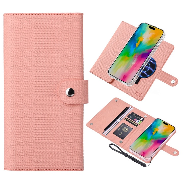Husa telefon compatibila cu iPhone 16, Compatibila MagSafe, Piele PU + TPU transparent, Inchidere magnetica, Antisoc, Decupaje precise, Roz