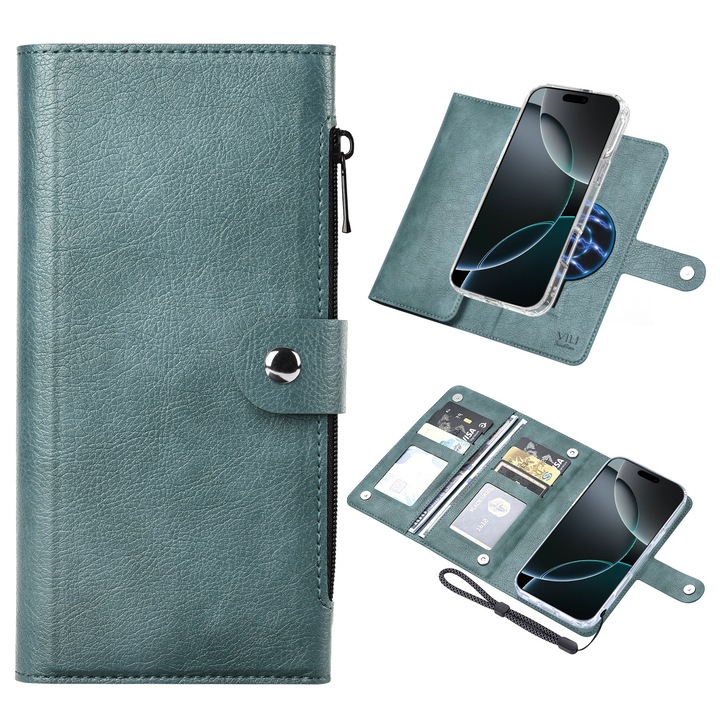 Husa telefon compatibila cu iPhone 16 Pro, Compatibila MagSafe, Piele PU + TPU transparent, Inchidere magnetica, Antisoc, Decupaje precise, Verde
