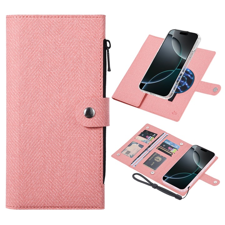 Husa telefon compatibila cu iPhone 16 Pro, Compatibila MagSafe, Piele PU + TPU transparent, Inchidere magnetica, Antisoc, Decupaje precise, Roz