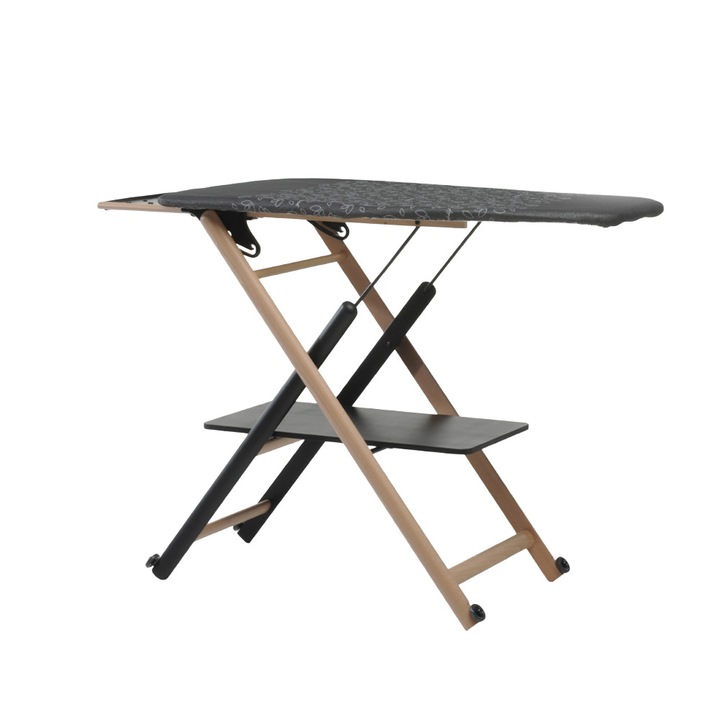 Foppapedretti vasalódeszka polccal, ASSAI 4.0, 123x50 cm, tömör bükkfa szerkezet, állítható magasságú, összecsukható, ruhatartó polc, oldalsó vasalótartó, hőálló pamut anyag, kerekek a könnyű szállításhoz, fekete