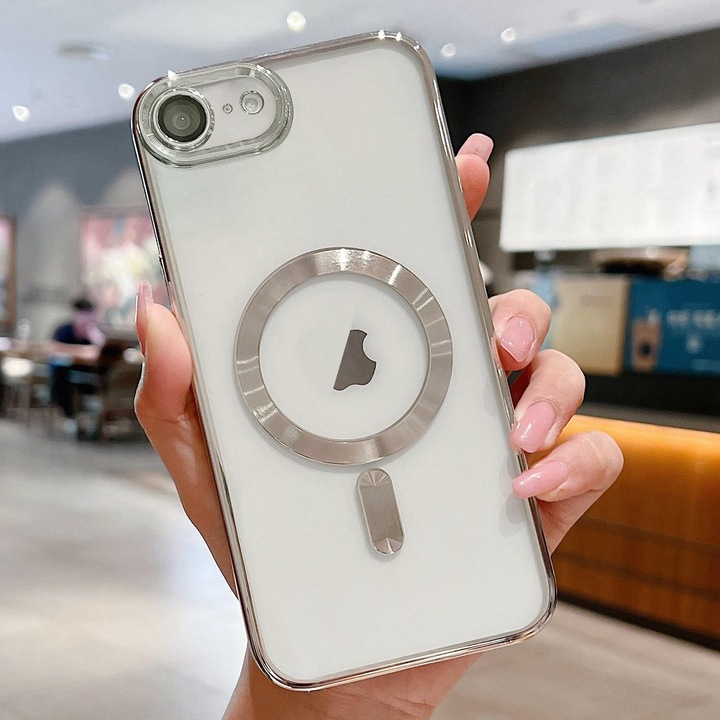 Husa telefon compatibila cu iPhone 16e, Compatibila MagSafe, TPU moale silicone, Antisoc, Prindere anti-alunecare, Compatibila incarcare wireless, Protectie camera, Decupaje precise, Argintie
