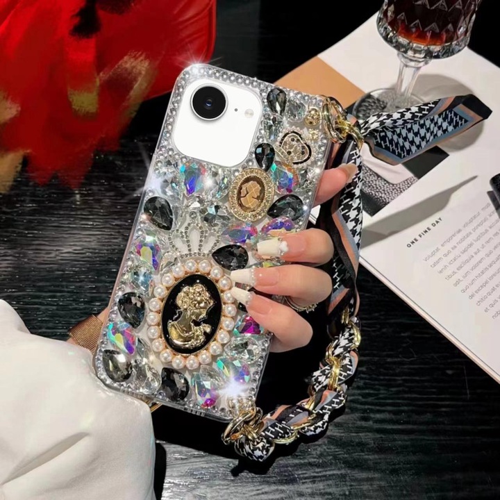 Husa telefon compatibila cu iPhone 16e, PC dur + diamant, Antisoc, Decupaje precise, Negru