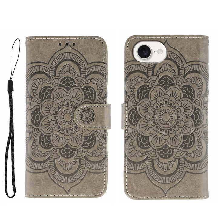 Husa telefon compatibila cu iPhone 16e, Kickstand, Piele PU + TPU, Inchidere magnetica, Antisoc, Prindere anti-alunecare, Vizionare fara maini, Decupaje precise, Gri