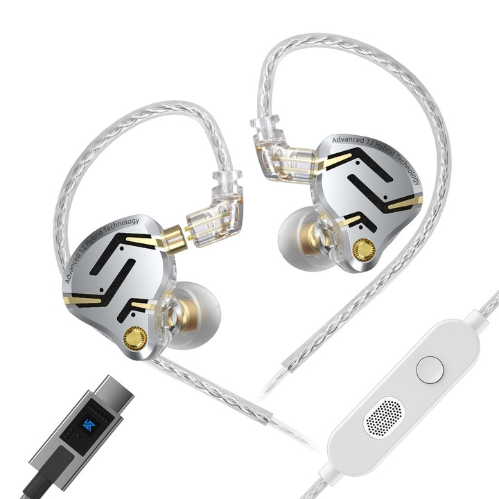 Casti Yinyoo KZ ZS12 Pro 2 cu fir, intraauriculare, argintiu, USB-C, cu microfon
