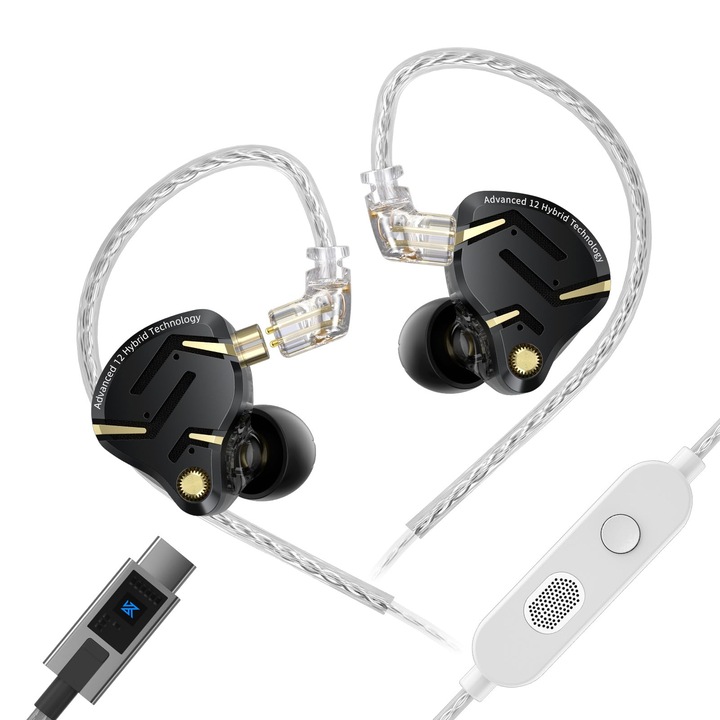 Căști Intraauriculare Yinyoo Kz Zs12 Pro 2, USB-C, negre, cu microfon