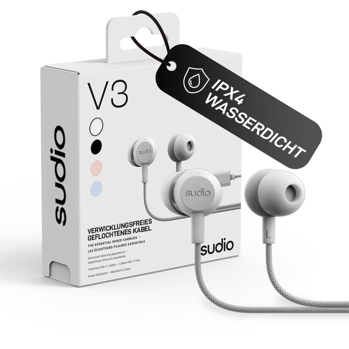 Casti cu fir Sudio V3 Essential, in-ear, rezistente la apă IPX4, design cu cablu împletit, USB-C, albe